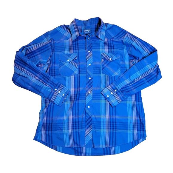 Wrangler Other - Wrangler Western Shirt Pearl Snap Mens XL Purple Plaid‎ Long Sleeve VINTAGE